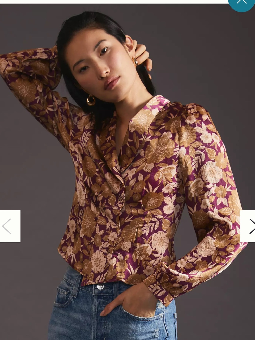Favorite Daughter Plum Blouse with Gold Floral Print double breasted sz 8